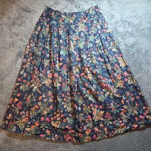 Vintage Maxi Skirt Womens Size 14 Herman Geist Navy Floral High Waist Pleated